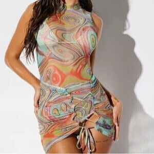 Abstract 2 Piece set Cover up Bodysuit and Mini skirt Size Small‎ ReN17